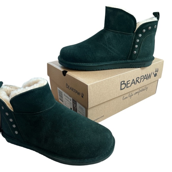 NWT Bearpaw Annabelle Wide Dark Green Fleece Booties - Picture 1 of 8